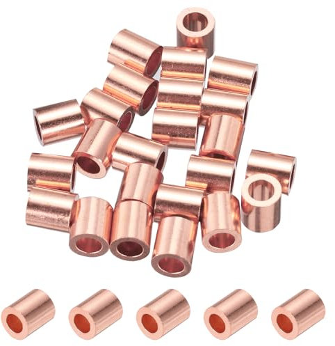 PATIKIL 3mm (1/8) Manicotti Arresto per Fune Metallico, 25 Pezzi Estremità del Manicotto ad Anello Crimpatura Rame Ghiera Crimpatrice per Cavi Metallici, Tono Oro