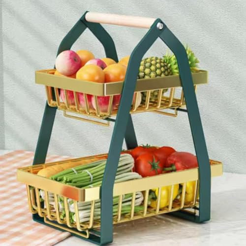 Cesto Di Frutta A 2 Livelli Staccabile A Due Piani Cesto Di Frutta,Cesto Frutta In Metallo Con Manico In Legno for Frutta Verdura, Cesto Di Frutta Fresca Con Cacciavite for Casa Cucina Ufficio(Green g