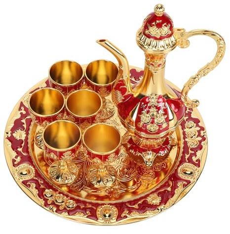 Turkish Coffee Pot Set, Zinc Alloy Vintage Teapot Tea Service Set with Tray and 6 Cups, Wine Decanter and Glasses for Party Gathering Wedding Dinner (Gold Red)