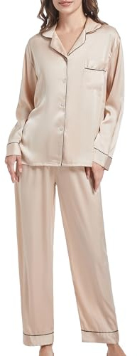 SHCNSJC Pijama Mujer Manga Larga Conjunto de Pijama de Seda de Satén para Mujer, Conjunto de Manga Larga con Botones, Ropa de Dormir, Ropa de Descanso, Conjuntos de Dos Piezas, S-XXL