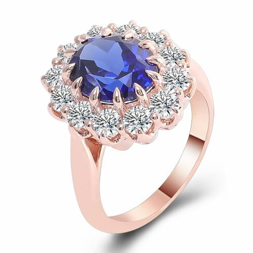 Wycian Freundschaftsringe Beste Freundinnen, Ring Blauer Steine 14 Karat Roségold Blume Größe 52 (16.6) 1 Lab Saphir 1Ct Ovalschliff Blau Gravur