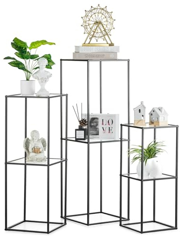 NUPTIO Schwarz Metall Blumenständer Vase: 60/80/100cm H, mit Acrylplatte | 3 Stück, 2 Etagen, Rechteckige, Geometrisches, für Hochzeit, Geburtstag, Weihnachten, Halloween, Erntedankfest, Party Deko