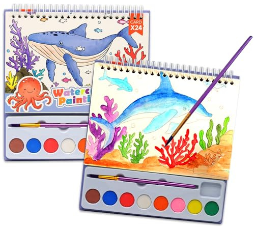 KAYSENSUK Malbuch mit Wasserfarben Mini Paint Pad Aquarell Malbuch Kinder zum Abreißen Aquarell Ausmalset mit Aquarellblock Pinsel, 24 Seiten Wasserfarben Malblock Wasserfarben Aquarell Ausmalbuch