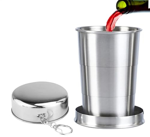 Vaso plegable de acero inoxidable – Vaso de agua compacto para senderismo, vaso telescópico de metal | Vaso portátil de camping con tapa, vaso plegable resistente para viajes y actividades al aire