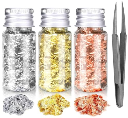 JAWUZ 3 Piezas de Oro Lámina Decorativa con Pinza y Copos para Manualidades, Decoración de Uñas, Funda de Teléfono Móvil y Fabricación de Joyas de Resina