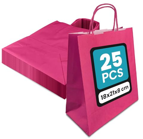 Netuno 25 Papiertragetaschen mit Henkel rosa 18x21x8 cm für Geschenke | Reißfeste Einkaufstüten aus Kraftpapier – für Handel, Verkauf, Party, Weihnachten, Ostern, Boutique, Markt & Mitgebsel