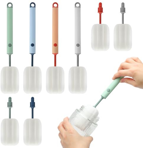 Spazzola per bottiglie lunga 27 cm, manico lungo, testa porosa, adatta per bottiglie, carte termiche, tazze e stoviglie (4 pezzi) + 4 uguali sostituzioni