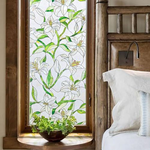 Fancyclings Fensterfolie selbstklebend 3D Buntglas,weiß Lilie, 44x120CM | Fensterfolie Blickdicht Bunt Blickdichte Anti UV Sichtschutzfolie für Haustür, Haus, Sonnenschutz, Wärmeschutz