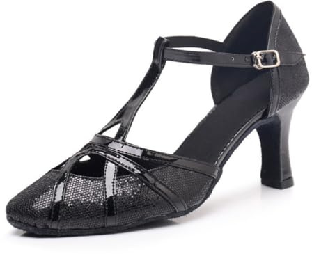 Hixingo Chaussures de Danse Latine Femme Bout Fermé Talon,Chaussures De Salsa Tango Valse Fête Sociale pour Jazz/Latin/National Mark/Rumba/Cha Cha (Noir 7,5 cm,35)
