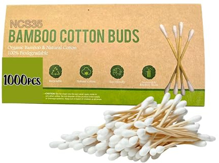 Bamboo Cotton Buds 1000pcs Q tips NCS35® Eco-Friendly Biodegradable Cotton Swabs Organic Cotton Tips & Strong Bamboo Stems Plastic-Free Ear Buds for Makeup, Beauty, Baby Care & Cleaning qtip