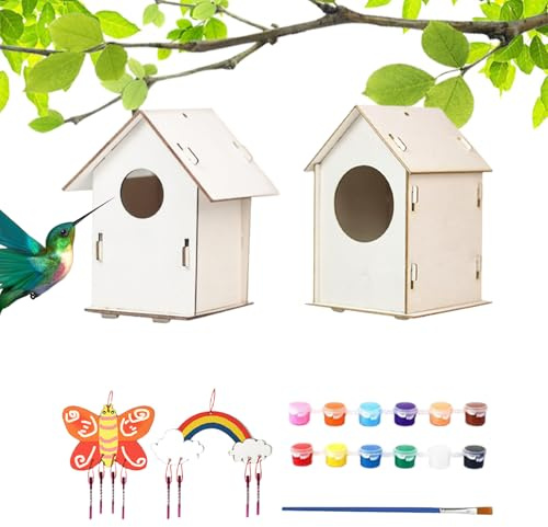 Bird House Kit, Wooden Birdhouse - Set of 2 Kits for Kids, Crafts Including Paints and Brushes, Outdoor Educational Toy r
