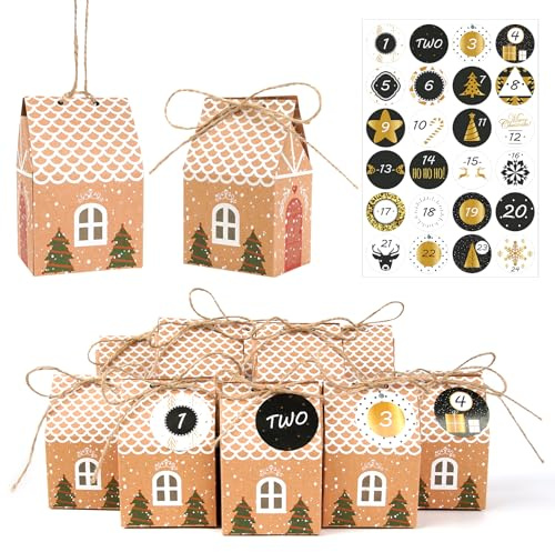 Calendario de Adviento DIY, 24 Cajas de Regalo Kraft, Pegatinas con Números, Decoración Navideña con Cordel, Diseño de Casa Invernal