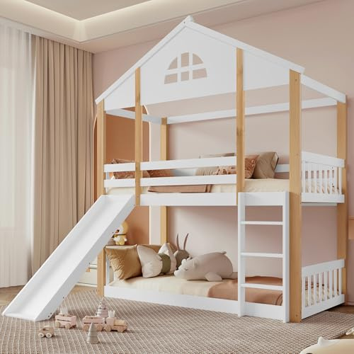 SACOOL Letto a castello 90 x 200 cm con finestre e scala angolare a tre livelli, culla con scivolo, letto con recinzioni e protezione anticaduta, telaio in legno massello, bianco e naturale