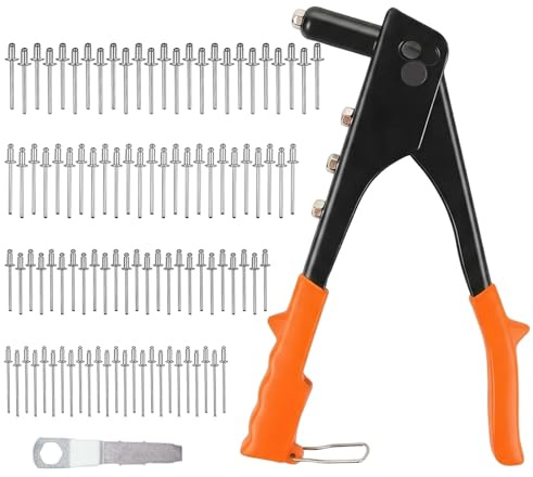MINGBOLIN Rivet Gun Set,Hand Riveter With 100 Aluminum Rivets Heavy Duty Pop Rivet Gun Kit Includes 4 Drill Bits Interchangeable Nozzles 3/32(2.4mm),1/8(3.2mm),5/32(4.0mm),3/16(4.8mm)Riveter Tool