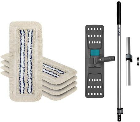OKAEI Wischmop-Komplettset 40 cm – 5× Bezug Blau‑Weiß‑Beige + Klapphalter & Alu‑Teleskopstiel – Für Trocken‑ & Nassreinigung – Ideal für Haushalt & Gewerbe