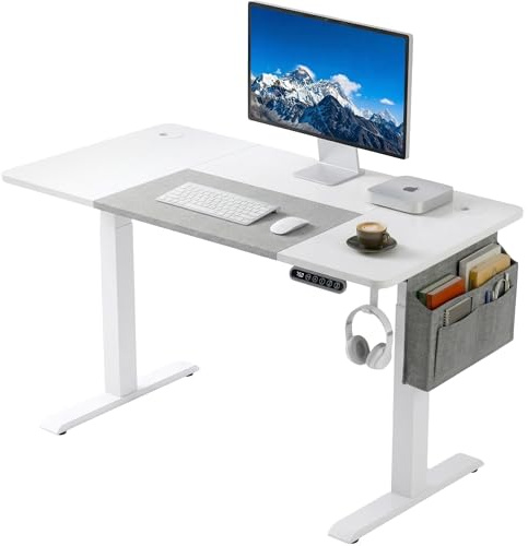 Blisswood Electric Standing Desk Height Adjustable 110 × 60cm, Sit Stand Small Computer Office Desk with Memory Smart Panel, Splice Board PC Table with Storage Pockets, Home Writing Workstation_White