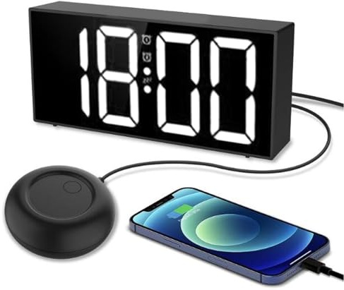 Hög Väckarklocka med Sängskakare, Extra Starkt Larm för Tunga Sovande, Döva och Hörselskadade, 7,4 Tums Spegel LED-skärm, Dubbla Larm, Dimmer, Snooze, 12/24h