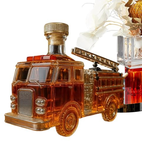 Botella Whisky Forma Camión Bomberos - Decantador 3D Vidrio | Botella Bar Creativa Temática Coche | Capacidad 300ml, Almacenaje Vino Novedoso, Alta Transmisión Luz, Perfecto Para Muēble Bar Hogar