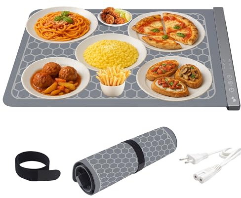 BEPER P101TEM100 Scaldavivande Elettrico in Silicone Arrotolabile, Vassoio Riscaldante 350W con 3 Temperature, Timer 4h, Comandi Touch, Tappetino Scalda Piatti Salvaspazio, portatile