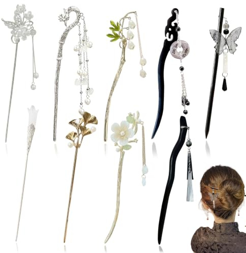 PYSEOSISE 9 Pezzi Bastoncini per Capelli Vintage, Bacchette per Capelli Cinesi, Forcina Cinese Bastone per Capelli con Fiori Farfalle e Nappe per Acconciature Hanfu
