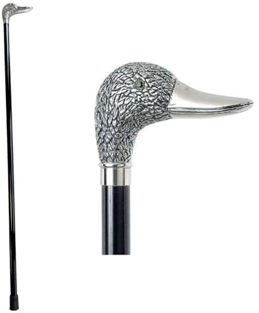 DELFA Design Gehstock Spazierstock - mit silberner Ente als Griff - schwarzer Holzschaft - die Elegante Gehhilfe
