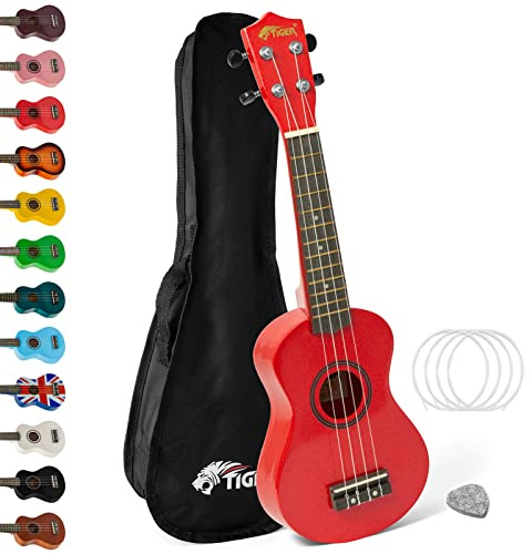 Tiger UKE7-RD Soprano Ukulele - Ideal for Beginners and Schools – Includes Gig Bag, Felt Pick, Spare Strings now with Aquila Strings – Red