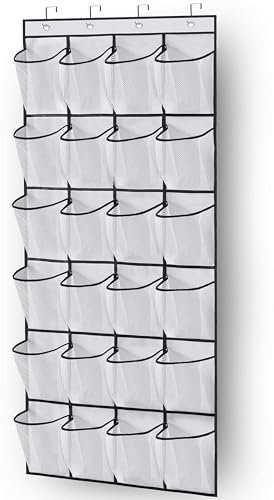 MISSLO Over the Door Shoe Storage Organiser Hanging Shoe Rack Holder 24 Large Mesh Pockets for Wardrobe Door Tidy with Hanger(White)