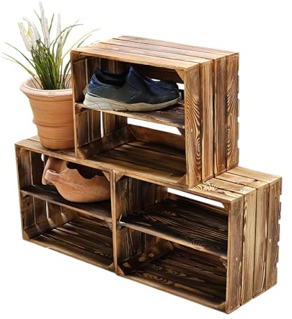 Teramico Holzkiste geflammt 50x40x30cm Set (3er Set, Ablage Lang) | Neu geflammte Obstkisten; aus Handarbeit; mit festen Zwischenböden; ideal für Aufbewahrung, den Möbelbau und Dekoration.