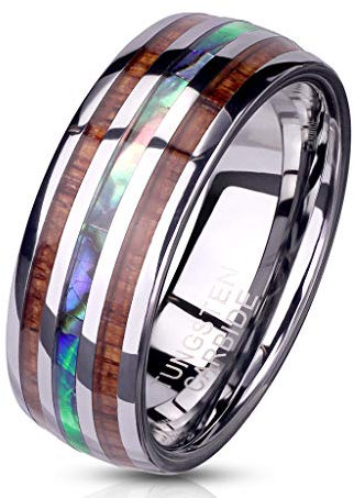 Paula & Fritz® Ring Damen Wolframcarbid Holz Abalone-Inlay Gr. 64 (20,4) Silber 8-mm Breit Herren-Ring Damenring Verlobungsring Ehering Abalone-Muschel