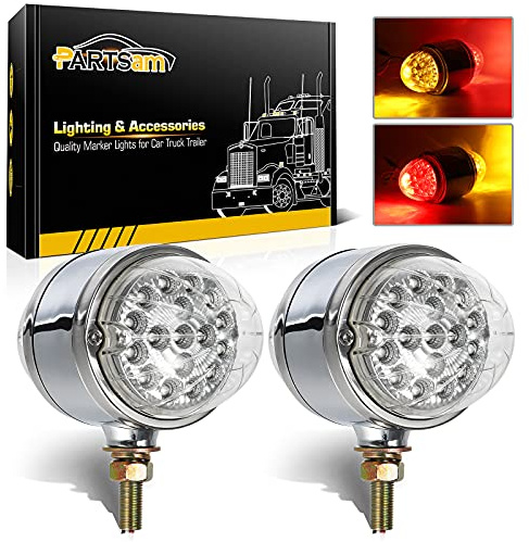 Partsam 2Pcs Amber/Red 17 LED Dual Revolution Watermelon Lights [DOT Approved], Plastic Chrome Double Face Auxiliary Lights, Pedestal Lights, Turn Signal Lights for Semi Trucks
