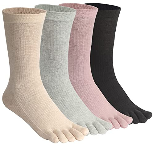HABITER Women's Toe Socks Cotton Crew Athletic Running Five Finger Socks (Black&Beige&Pink&Grey)