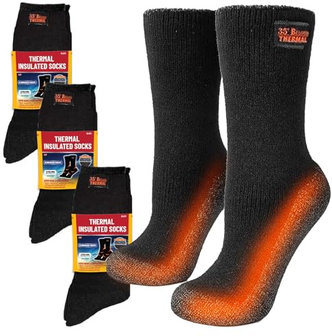 35° BELOW Thermal Insulated Socks for Men and Women, Designed with Soft Aluminized Loops to Keep Feet Warm and Cozy, 3 Pair Black Large