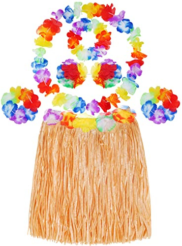 baotongle 6 Stück Hawaii Gras Röcke Kostüm Set Hula Rock mit Halskette Armbänder Stirnband Blume für Beachparty Deko Partyatmosphär Gelb