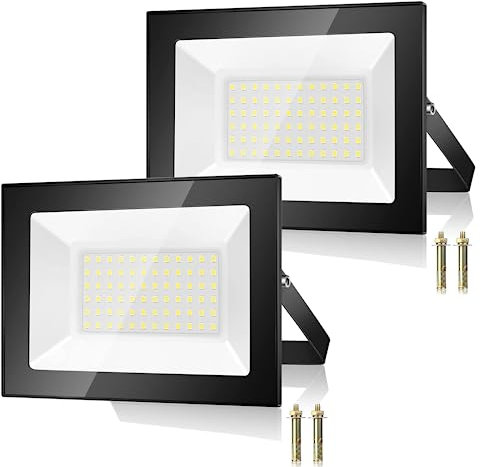 50W Projecteur LED Exterieur 2 Pièce, 5000LM 7000K Spot Extérieur, 72 Puces IP67 Imperméable Blanc Froid Eclairage de Sécurité LED, Luminaire Exterieur Pour Patio, Garage, Jardin, Terrasse,Usine