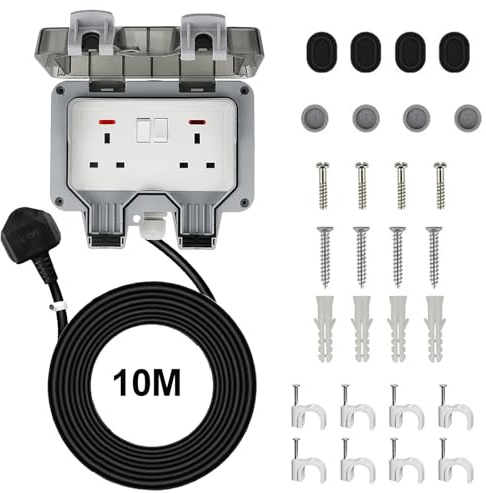 Bkiyougo Double Socket w/ 10M Extension Lead - Weatherproof Outdoor Sockets, 2 Gang Storm Switched Plugs for Exterior & Garden Use
