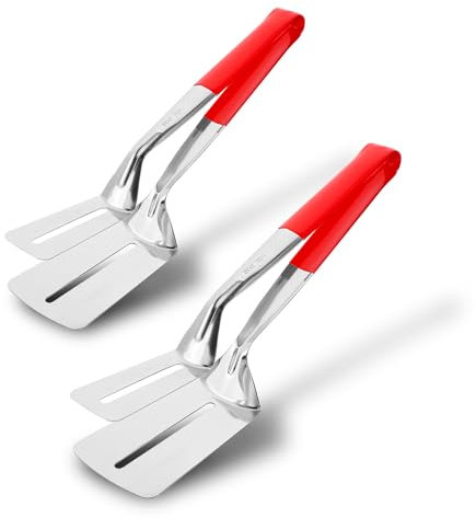2pcs Anti-Scald Extended Handle Spatula Tongs, Multifunctional Stainless Steel Grill Clamp Spatula Food Flip Shovel Clamp for Steak Fish Bread Hamburger BBQ Frying Pancake (Red)