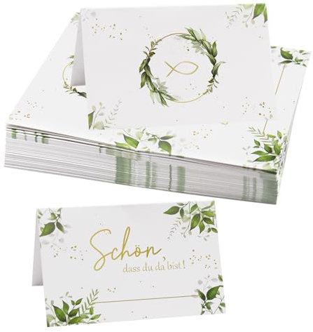 50 tarjetas de mesa de boda, tarjetas de mesa, bautizos, comuniones, confirmaciones, tarjetas de lugar «Schön dass du da bist mit Fisch» eucalipto, tarjetas de nombre para escribir, tarjetas de mesa