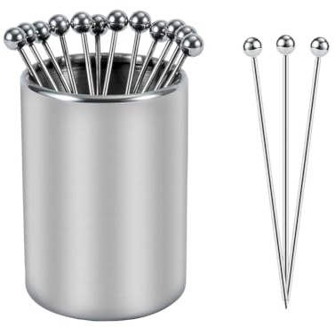 Lot de 12 Cure-Dents en Acier Inoxydable pour Cocktail, apéritif, Boisson, fête, décoration, carcuterie, sandwichs, brochettes, Fruits, collations avec Support