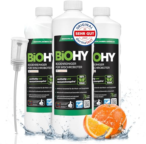 BiOHY Bodenreiniger für alle Wischroboter mit Orangenduft (3 x 1 Liter) + Dosierer | Schaumarm & Streifenfrei | Reinigungsmittel Konzentrat für alle Böden