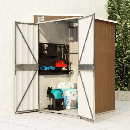 Gecheer Capanno Giardino a Parete,Capannone,Casetta,per Attrezzi,Casetta Porta Attrezzi,Porta Attrezzi da Giardino,Rimessa Attrezzi da Giardino,Capanno Attrezzi,Marrone 118x100x178 cm Acciaio Zincato