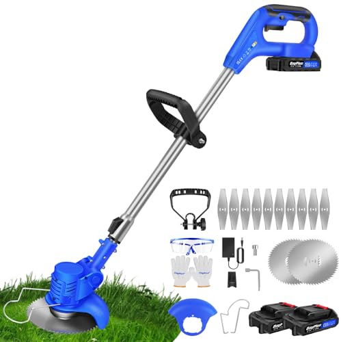 Qimu Akku Rasentrimmer mit Akku 21V Elektrischer Rasentrimmer Elektro-Trimmer Akku Motorsense Rasen mit Akkus & Metall Messer, Akku Freischneider Gartenkantenfräser für Rasenschneiden, Garten, Hof