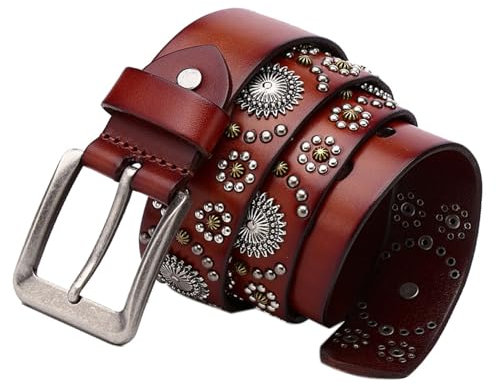 AKAFKKPYXSD Nietengürtel Aus Leder Mode Geschnitzt Nieten Dekoration Verstellbare Einzelklauenschnalle Metall Punk Rock Style Rindsleder Gürtel(125cm/waist:43, Brown)