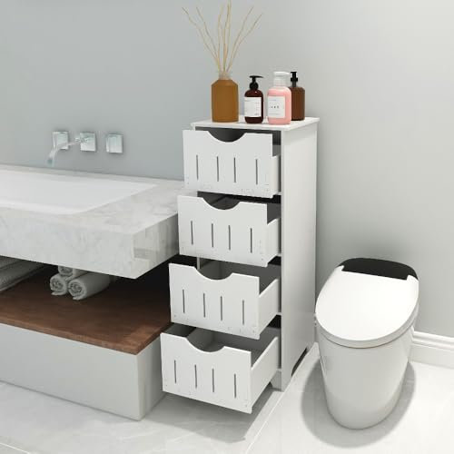 OHMG Badezimmerbodenschrank, Toilettenschrank, Badezimmerschrank mit 4 Schubladen, freistehender Schrank aus Holz, multifunktionaler Minischrank mit offenem Regal, Eckschrank für Wohnzimmer