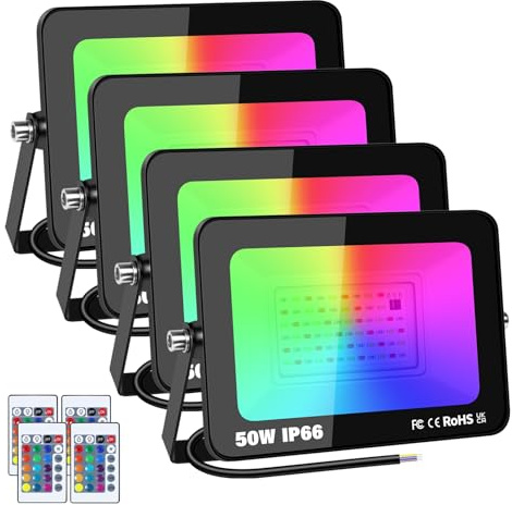 YOJZMA 4 x 50W Focos LED RGB Exterior con Control Remoto 5000LM Proyector | Sin Enchufe, Estroboscópico, Regulable, 16 Colores, IP66 impermeable, 175-265V, Aplique Pared para Jardín, Terraza, Fiesta