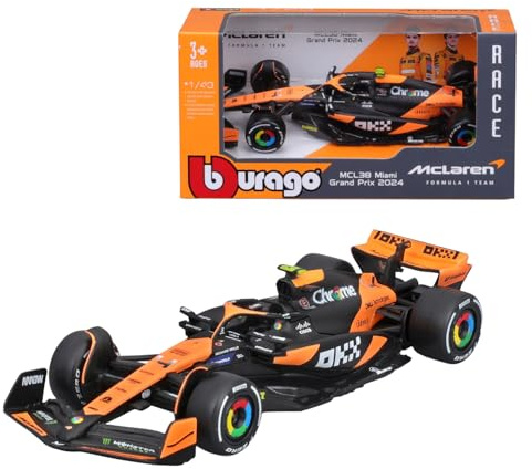 Bburago - McLaren MCL38 Lando Norris #4 2024 - Maquette réaliste de Voiture à l'échelle 1:43, pilotée par Lando Norris, Licence Officielle McLaren, âge recommandé : 3 Ans et Plus