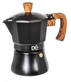 Dc Casa Caffettiera Linea BlackWood – Moka Elegante in Alluminio Nero con Manico in Legno Atermico – Design Moderno per Espresso Italiano a Casa
