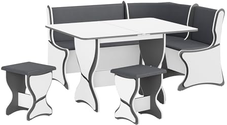 Rodnik Eckbankgruppe Argentinien mit 3D-Dekorelementen und Stauraum, 4 TLG. Set: gepolsterte Truhenbank, klappbarer Esstisch, 2 x Hocker, weiß/grau