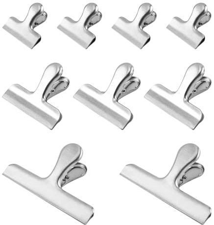 Xbessc 9 PCS Pince Sachet Acier Inoxydable, Clips de Fermeture Métallique Argenté Conservation Alimentaires, 3 Tailles Pince Cuisine Sachet pour la Maison ou le Bureau Nourriture 12cm 7,8cm 5,5cm