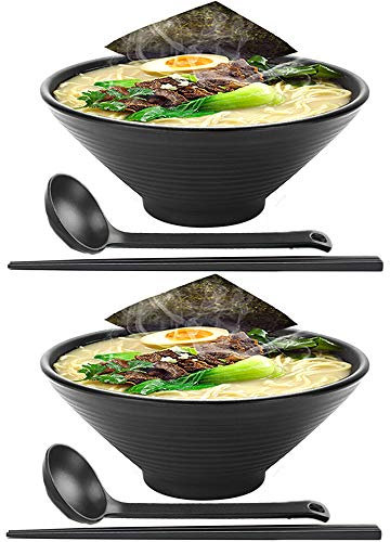 Juego de 2 tazones japoneses para Ramen, de melamina, de plástico Duro, de 1,2 l, para Sopa de Fideos con Palillos y cucharas a Juego, tazón Grande para Fideos, Udon y soba.