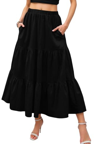 Neteson Jupe Longue Femme Élégante Taille Haute Jupe D'été Maxi Plissée A-Ligne avec Poches Plissée Bohême Tour de Taille Elastique Casual Décontractée Vacances Plage